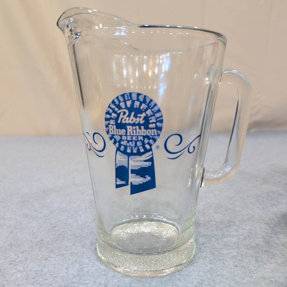 Vintage Pabst Blue Ribbon Beer Glass Pitcher Clear PBR Barware Logo Scroll